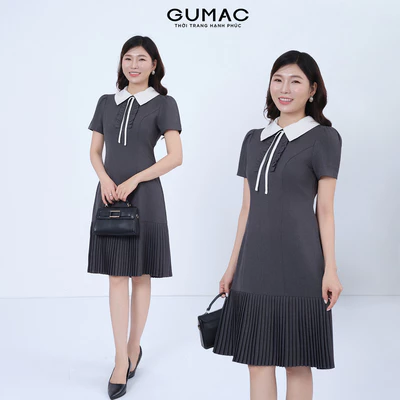 Đầm nữ dáng A GUMAC tay ngắn dún nhẹ trên vai phối cổ trắng tùng phối dập ly LDF1206