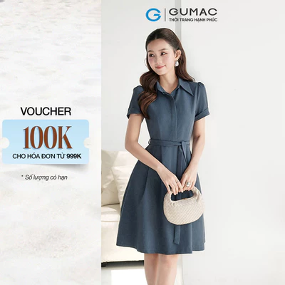 Đầm nữ GUMAC form A eo cổ sơ mi 1 lớp có hai túi sườn chun eo  DF09018