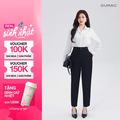 Quần Baggy Nữ 91cm GUMAC Quần Tây Ống Đứng Lưng Cao Công Sở Chất Tuyết Mưa Cạp Cao LQF0110