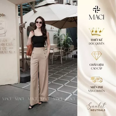 Quần Suông Kaki Hàn Màu Be Khuy Sừng Trang Trí MACI MCQQTBE0271 Thời Trang Nữ Thiết Kế