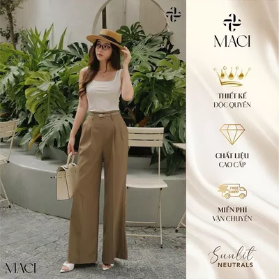Quần Ống Suông Chiết Li Cạp Liền Linen Hàn Màu Nâu Rêu MACI MCQQAXL0131 Thời Trang Nữ Thiết Kế Độc Quyền