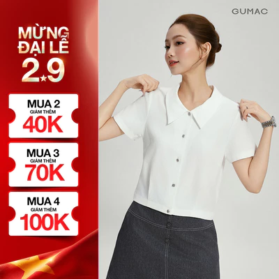 Áo Sơ Mi Nữ Form Lửng GUMAC Áo Cổ Lá Nhọn Cài Nút Kim Loại Thanh Lịch Công Sở AG04100