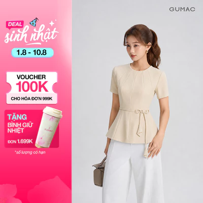 [VOUCHER 25%] Áo Kiểu Nữ GUMAC Form Peplum Cổ Tròn Tay Ngắn Chiết Eo Tôn Dáng Hiện Đại Kèm Dây Cột Eo Nữ Tính LAG06032