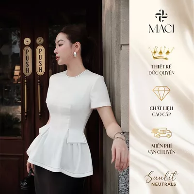 Áo Peplum Linen Trắng Diễu Chỉ Đen MACI MCAAVTR0298 Thời Trang Nữ Thiết Kế Độc Quyền