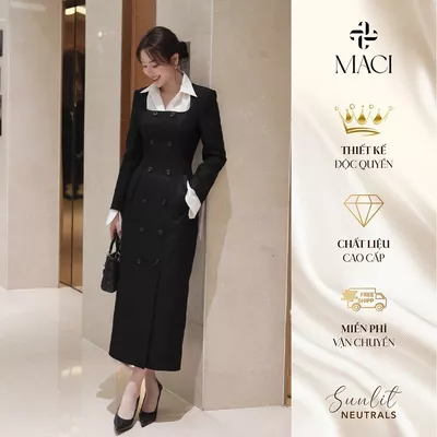 Váy Măng Tô Dáng Bút Chì Đen Chất Chéo Hàn Hai Hàng Khuy Sừng MACI MCVVADE0261 Thời Trang Nữ