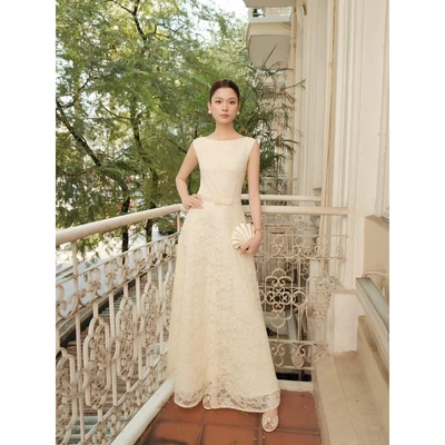 RUBIES Amelie Dress - Đầm Dài Nữ Vải Ren Hoa Dáng Tùng Xòe Sát Nách Cổ Tròn