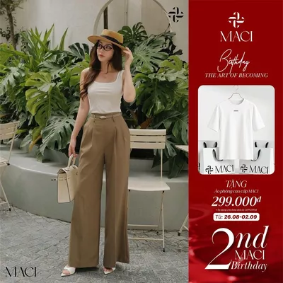 Quần Ống Suông Chiết Li Cạp Liền Linen Hàn Màu Nâu Rêu MACI MCQQAXL0131 Thời Trang Nữ Thiết Kế Độc Quyền
