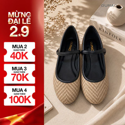 Giày Búp Bê Nữ GUMAC Mũi Tròn Đế Thấp 2cm Da Vân Đan Quai Ngang Đính Hoa Nữ Tính Thanh Lịch GG08098