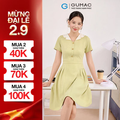 Đầm Nữ GUMAC Form A Thanh Lịch Cổ V Cách Điệu Phối Màu Thanh Lịch DF08005