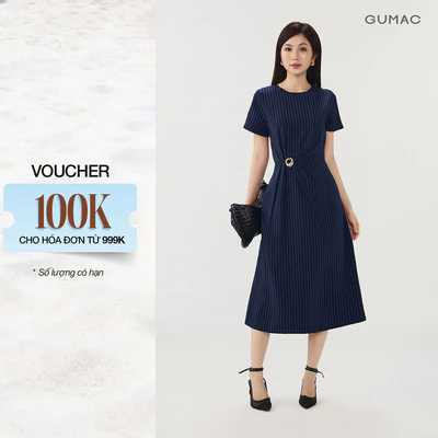 Đầm Nữ GUMAC Dáng Xòe Draping Cổ Tròn Tay Ngắn Có Túi Sườn Tiện Lợi Đính Phụ Kiện Thanh Lịch DG07101
