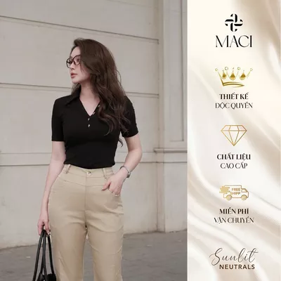 Áo Thun Tăm Polo Khuy Bạc Màu Đen / Trắng MACI MCAATTR0275 MCAATDE0277 Thời Trang Nữ Thiết Kế Độc Quyền