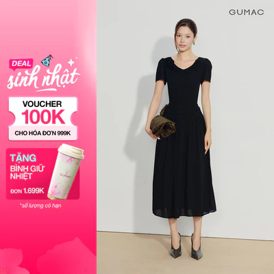 Đầm Nữ GUMAC Form A Xòe Hai Lớp Cổ Tròn Nhún Tùng Tôn Dáng Hiện Đại Thanh Lịch Phù Hợp Đi Làm Đi Tiệc DG08038