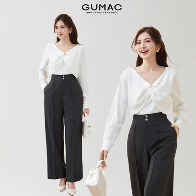 Áo Sơ Mi Nữ GUMAC Tay Dài Cổ V Bèo Đính Phụ Kiện Lụa Mát Sang Trọng AE12069