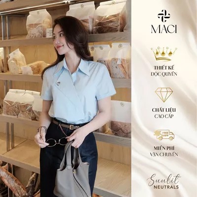 Áo Sơ Mi Tay Ngắn Cổ Gập Cách Điệu Màu Trắng Xanh Mint MACI MCASMXD0311 Thời Trang Nữ Thiết Kế