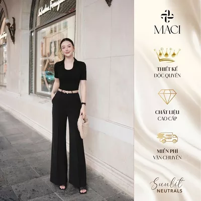 Quần Suông Đen Gân Nổi Chất Liệu Chéo Hàn Cao Cấp MACI MCQQTDE0100 Thời Trang Nữ Thiết Kế Độc Quyền