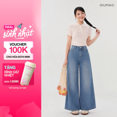 Quần Jean Nữ Gmorning - GUMAC Ống Vẩy Loe Wash Xanh Nhẹ Tôn Chân Dáng Dài Dễ Phối Đồ YQJG06016