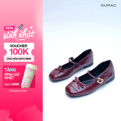 Giày Bệt Nữ GUMAC Giày Búp Bê Mũi Tròn Đính Nơ Da PU Có Quai Ngang Khóa Kim Loại Êm Chân GG05027
