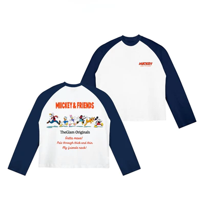 TheGlam CHÍNH HÃNG - Áo Thun Tay Dài "MICKEY & FRIENDS" Raglan UNISEX Màu Trắng/Xanh Navy - TS06-19