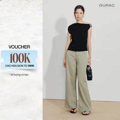 Quần Jeans Nữ Ống Rộng GUMAC Form Suông Cạp Cao Túi Hàm Ếch Diễu Chỉ Nâu Trẻ Trung QJG08060