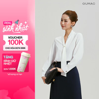 Áo Kiểu Nữ GUMAC Form Suông Tay Dài Cổ V Kèm Dây Nơ Lụa Xẹc Tiểu Thư AG04063