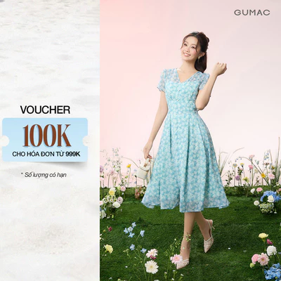 Đầm Nữ GUMAC Form A Xòe Hoa Cổ V Ngắn Nhún Vai Tôn Dáng Dịu Dàng Thanh Lịch Phù Hợp Đi Làm Đi Tiệc DG07026