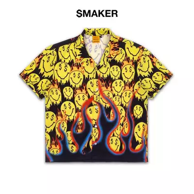 [SMAKER] Áo sơ mi đen vàng hoạ tiết mặt cười vải lụa - SMILEY BOXY SHIRT