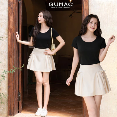 Áo Thun Nữ GUMAC Form Slim Nhẹ Tay Ngắn Cổ U Viền Ren Thanh Lịch ATF10048