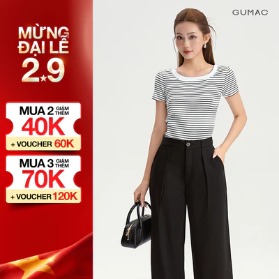 Áo Thun Cổ Vuông Nữ GUMAC Áo Phông Kẻ Sọc Ngang Dáng Ôm Chất Thun Gân Co Giãn LATG0407