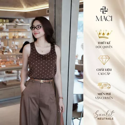 Áo Ba Lỗ Lụa Queen Trắng Đen Nâu Chấm Bi Choco MACI MCAATNA0309 Thời Trang Nữ Thiết Kế Độc Quyền