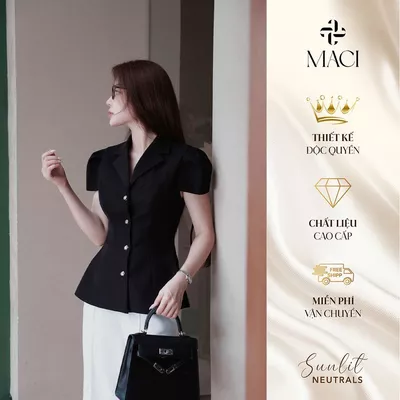 Áo Kí Giả Tay Hến Nhún Li Chất Chéo Hàn MACI MCAABDE0345 Thời Trang Nữ Thiết Kế Độc Quyền