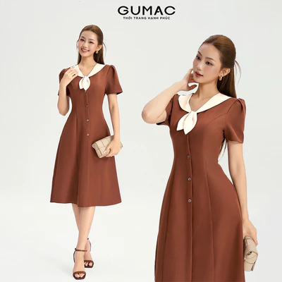 Đầm Chữ A Nữ GUMAC Váy Công Sở Dáng Xòe Cổ V Phối Bâu Đính Hoa Nút Gỗ Vintage Tôn Dáng LDG0304