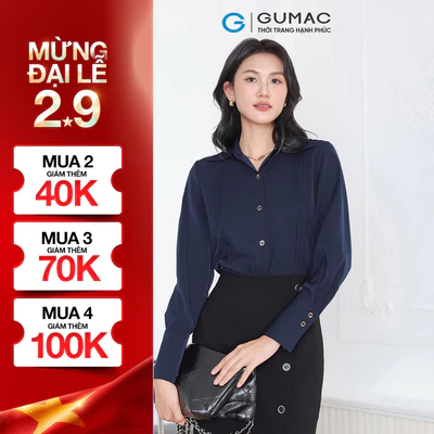 Áo Sơ Mi Nữ GUMAC Tay Dài Chiết Ly Lá Cổ Nhọn Vải Lụa Mềm Mát Công Sở AF03007