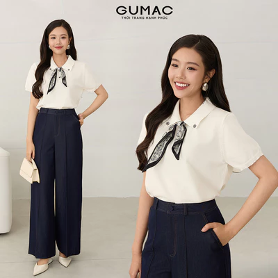 [NEW] Áo len nữ GUMAC dệt kim phối cổ form suông tay ngắn  AF12018