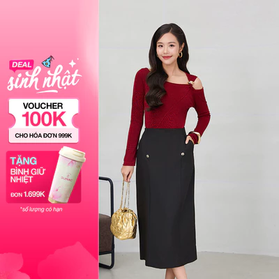 Chân váy GUMAC midi dáng suông lưng liền có hai túi sườn đính nút kiểu VF12056