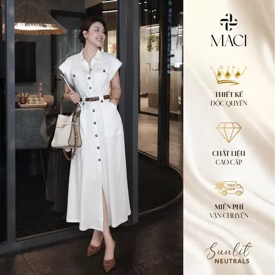 Váy Sơ Mi Linen Tay Lơ Vê Khuy Sừng Kèm Đai Màu Trắng Tiêu MACI MCVVATR0335 Thời Trang Nữ Thiết Kế