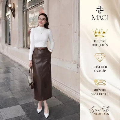 Chân Váy Da Nâu Dáng Suông Dài Đỉa Liền Túi MACI MCVCVNA0248 Thời Trang Nữ Thiết Kế Độc Quyền