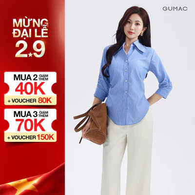 Áo Sơ Mi Nữ GUMAC Áo Kiểu Công Sở Kẻ Sọc Tay Lửng Chiết Ly Eo Tôn Dáng Vải Kate Cao Cấp AF01024