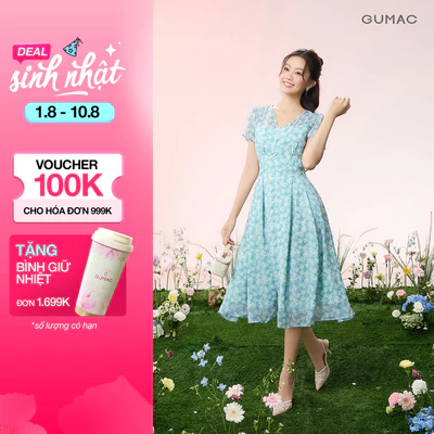 [VOUCHER 25%] Đầm Nữ GUMAC Form A Xòe Hoa Cổ V Ngắn Nhún Vai Tôn Dáng Dịu Dàng Thanh Lịch Phù Hợp Đi Làm Đi Tiệc DG07026