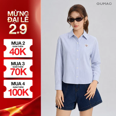 Áo Sơ Mi Nữ Gmorning - GUMAC Form Boxy Tay Dài Đường Chỉ Phối Nâu Hình Thêu Trước Ngực Thanh Lịch Nổi Bật YAG06045