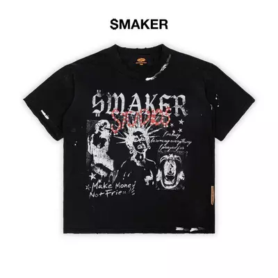 [SMAKER] Áo thun in hình ấn tượng 100% cotton washed màu đen có đính hạt -  SMAKER STUDIOS WASHED TEE IN BLACK