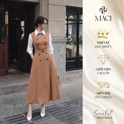Đầm Liền Kaki Dáng Midi Cổ Rời Sát Nách Khuy Sừng Kèm Đai MACI MCVVABE0264 Thời Trang Nữ Thiết Kế Độc Quyền