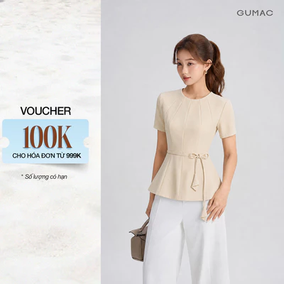 [NHẬP MÃ AFFTHAG GIẢM 99K] Áo Kiểu Nữ GUMAC Form Peplum Cổ Tròn Tay Ngắn Chiết Eo Phối Dây Thắt Eo Nữ Tính LAG06032