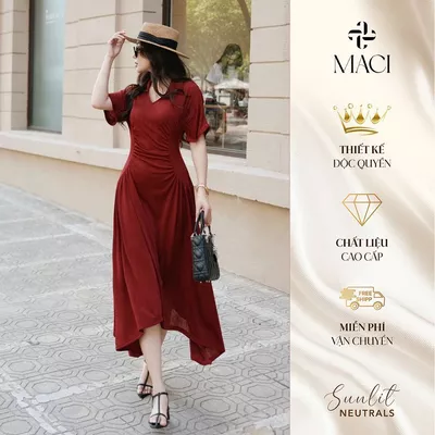 Đầm Dài Cổ Bẻ Nhún Eo Chất Liệu Nhúng Hàn 2 Lớp MACI MCVVADO0115 Thời Trang Nữ Thiết Kế Độc Quyền