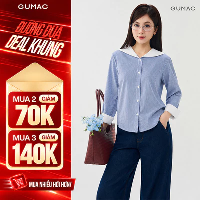 Áo Sơ Mi Nữ GUMAC Form Suông Kẻ Sọc Tay Dài Cổ Thủy Thủ Phối Trắng  Hiện Đại Trẻ Trung LAG07050