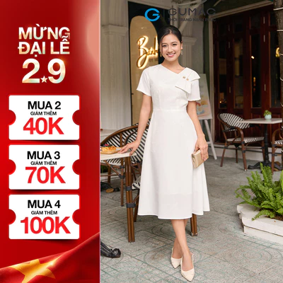 Đầm Nữ Form A GUMAC Cổ Xéo Cách Điệu Đính Nơ 2 Lớp Tuyết Mưa Cao Cấp Tôn Dáng DF08014