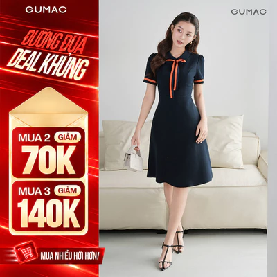 Đầm Chữ A Nữ GUMAC Váy Công Sở Phối Nơ Cổ Tôn Dáng Vải Tuyết Mưa Cao Cấp Thanh Lịch LDE0614
