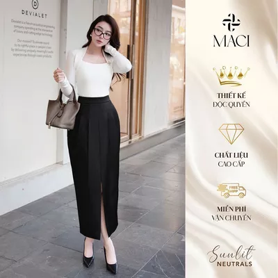 Chân Váy Đen Trắng Xếp Li Xẻ Trước Chất Tapta Lụa MACI MCVCVXD0196 Thời Trang Nữ Thiết Kế Độc Quyền