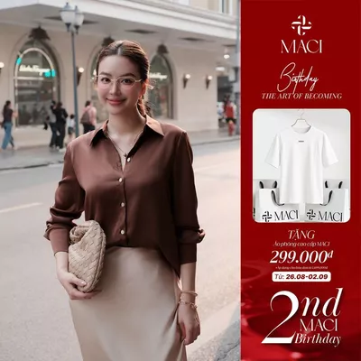 Áo Sơ Mi Lụa Queen Màu Nâu Choco Khuy Khảm Trai MACI MCASMNA0296 Thời Trang Nữ Thiết Kế Độc Quyền