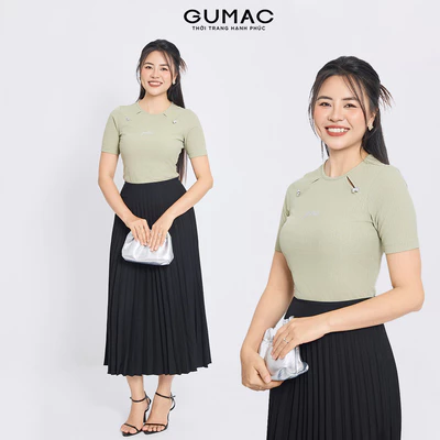 [SALE] Áo thun nữ GUMAC form ôm xẻ kiểu đính nơ thêu chữ vải mịn mát tôn dáng  LATE1112