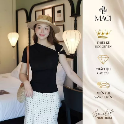 Áo Thun Umi Gai Co Dãn Lệch Vai Khuy Trang Trí MACI MCAATDE0346 Thời Trang Nữ Thiết Kế Độc Quyền